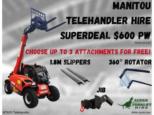 Manitou 2.5T 4WD All Terrain Telehandler $600pw + GST - HIRE SUPERDEAL - FREE ATTACHMENTS