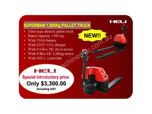 NEW Heli 1500kg powered pallet truck. FREE DELIVERY