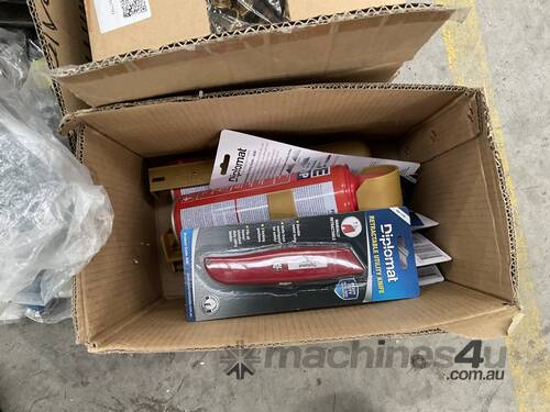 3x Boxes of Assorted Bolts/Nuts with Tools and 1x Box with Glove and Utility Knives/Firestop Spray
