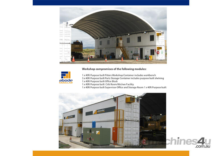 Heavy Equipment Workshop – Allshelter Igloo 18W x 28L x 9.5H – custom-built, includes offices & cri