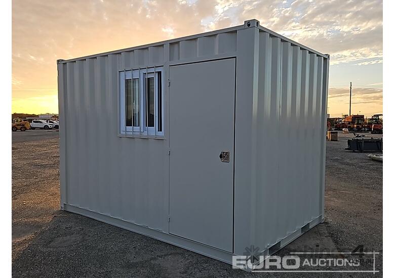 caption Unused 12' Mini Container, Single Walk Door, Lock Box, Window, Fork Pockets