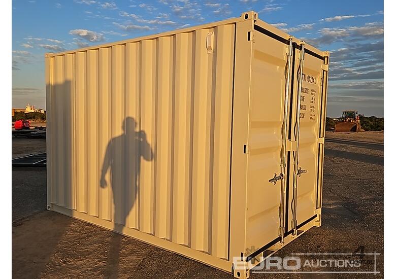 caption Unused 12' Mini Container, Single Walk Door, Lock Box, Window, Fork Pockets