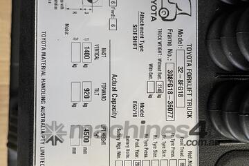 TOYOTA 2014 8FG18 DELUXE MODEL S/N 36077 LPG 4.5 METER 2 STAGE MAST 1.8 TON 1800 KG CAPACITY