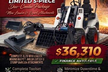   Ozziquip AL20 Loader 4-in-1 with Mixing Bucket, Brush Cutter & Stump Grinder 5-Piece Package