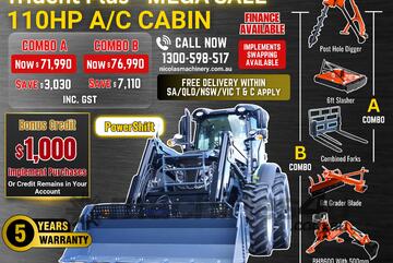 Trident Plus Powershift Model 110HP A/C Cabin Tractor with 4-in-1 Bucket Combo Deal 5 Years Warranty