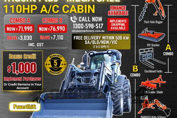 Trident Plus Powershift Model 110HP A/C Cabin Tractor with 4-in-1 Bucket Combo Deal 5 Years Warranty