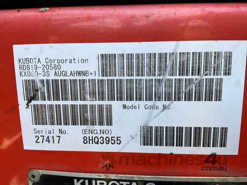 2017 Kubota KX080-3S Excavator (Steel Track With Rubber Inserts)