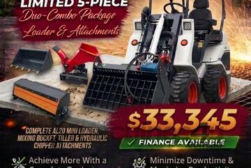   Ozziquip AL20 Mini Loader 4-in-1 with Mixing Bucket, Tiller and Chipper 5-Piece Package