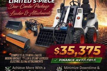   Ozziquip AL20 Mini Loader 4-in-1 with Mixing Bucket, Tiller and Stump Grinder 5-Piece Package