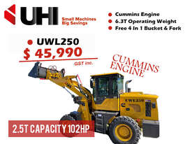 Free Delivery and Service Kit! UHI UWL250 2.5T Capacity 100hp Cummins Engine Wheel Loader - picture0' - Click to enlarge