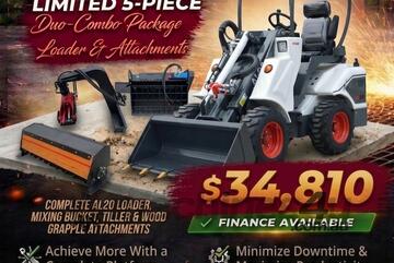   Ozziquip AL20 Mini Loader 4-in-1 with Mixing Bucket, Tiller and Wood Grapple 5-Piece Package