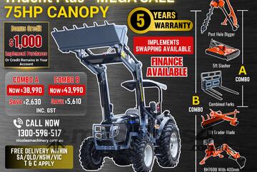 Trident Plus Synchromesh 75HP 4WD Canopy Tractor with 4-in-1 Bucket Combo Deal (5 Years Warranty)