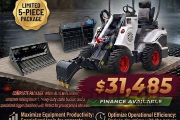   Ozziquip AL20 Mini Loader 4-in-1 with Stone Bucket, Mixing Bucket and Digger 5-Piece Package
