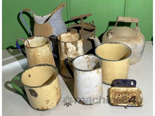 caption QTY OF ENAMEL JUGS AND STEEL KETTLE