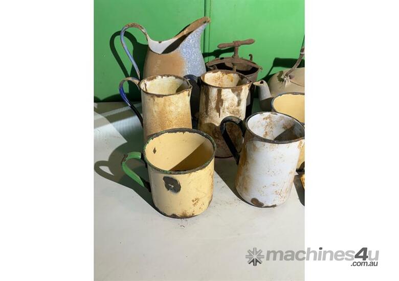 caption QTY OF ENAMEL JUGS AND STEEL KETTLE