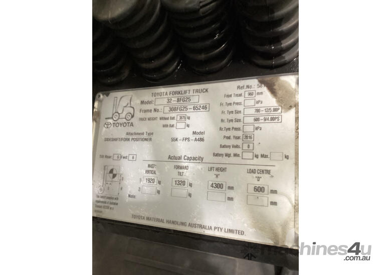 caption Toyota Forklift 2.5T Container Mast with Tyne Positioners (Unit#:AU405)