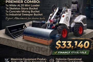   Ozziquip AL20 Mini Loader 4-in-1 w/ Stone Bucket, Mixing Bucket, Sweeper Bucket 5-Piece Package