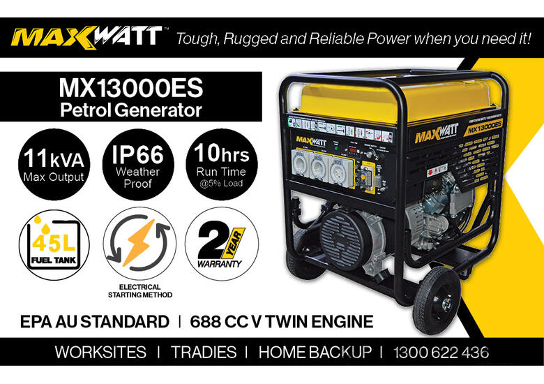 caption MACFARLANE - 13.5kVA Maxwatt Petrol Generator Electric Start