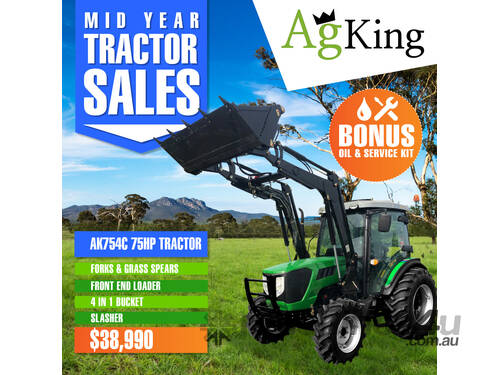 AgKing -75HP AK754C CabinTractor with FEL 4in1 Bucket & Package Slasher Forks & Spears