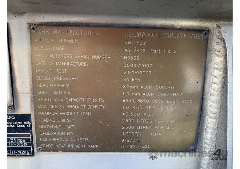 2007 Holmwood Highgate TS40-BBT-NSD Tri Axle Fuel Tanker Combination