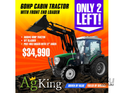 AgKing - 60HP Cabin Tractor with Front End Loader - Slasher and Post Hole digger with 12