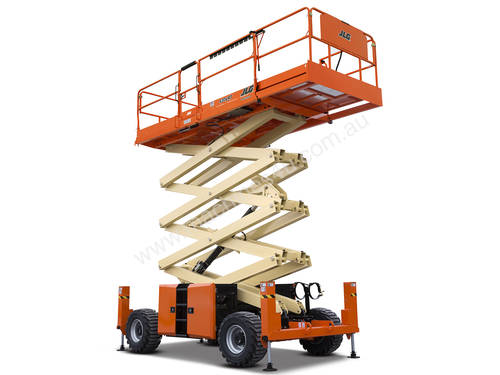 caption JLG 430LRT 43ft RT Self Levelling Diesel Scissor Lift – Exceptional Stability & Off-Road Capability