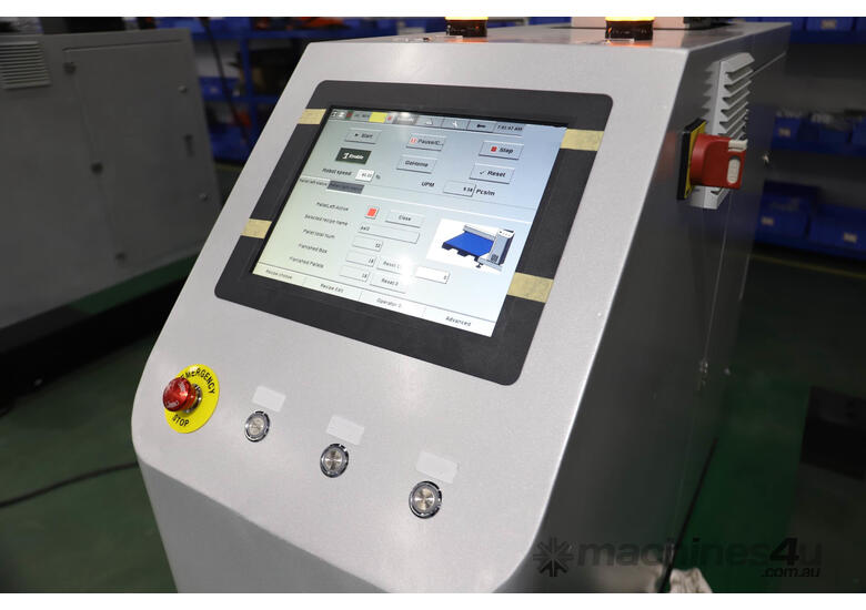 caption Robotic Palletiser cell. Right and left side, up to 2.5meters pallet height. 25kg payload.