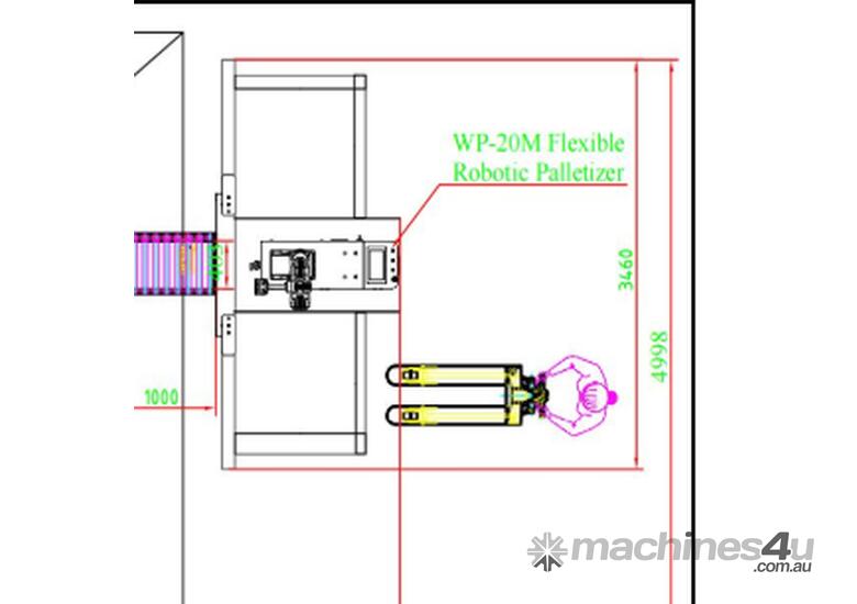 caption Robotic Palletiser cell. Right and left side, up to 2.5meters pallet height. 25kg payload.