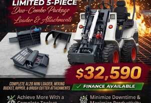 New Ozziquip AL20 Mini Loader 4-in-1 with Mixing Bucket, Ripper and Brush Cutter 5-Piece Package