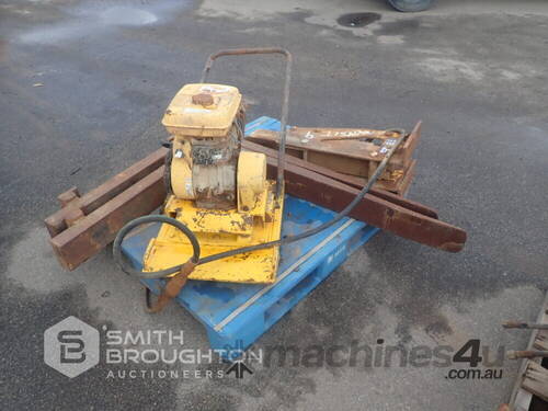 PALLET COMPRISING OF 1 X TB25 HYDRAULIC BREAKER, 1 X PETROL PLATE COMPACTOR & 1 X SET OF FORKLIFT TY