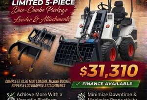 New Ozziquip AL20 Mini Loader 4-in-1 with Mixing Bucket, Ripper and Log Grapple 5-Piece Package
