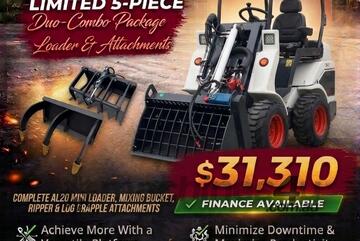   Ozziquip AL20 Mini Loader 4-in-1 with Mixing Bucket, Ripper and Log Grapple 5-Piece Package