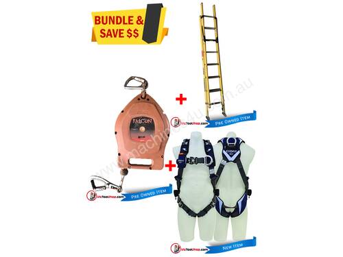 Extension Ladder 2.7 to 3.9m Branach Fibreglass, Miller Fall Arrestor and Exofit Safety Harness